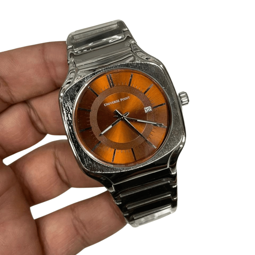 Elegant Silver Watch with Orange Dial